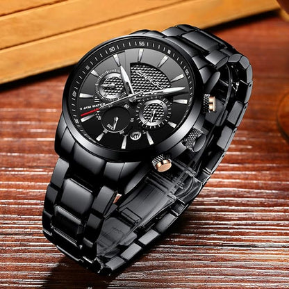 CRRJU Men's Business Casual Chronograph Quartz Waterproof Wristwatch Black Leather Strap