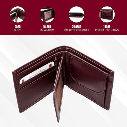 Bifold Wallet for Men with Premium Cowhide Leather Slim Wallet, Minimalist Design, Multiple Card Slots, Stylish Durable Gift-Ready Men’s Wallet (Maroon)