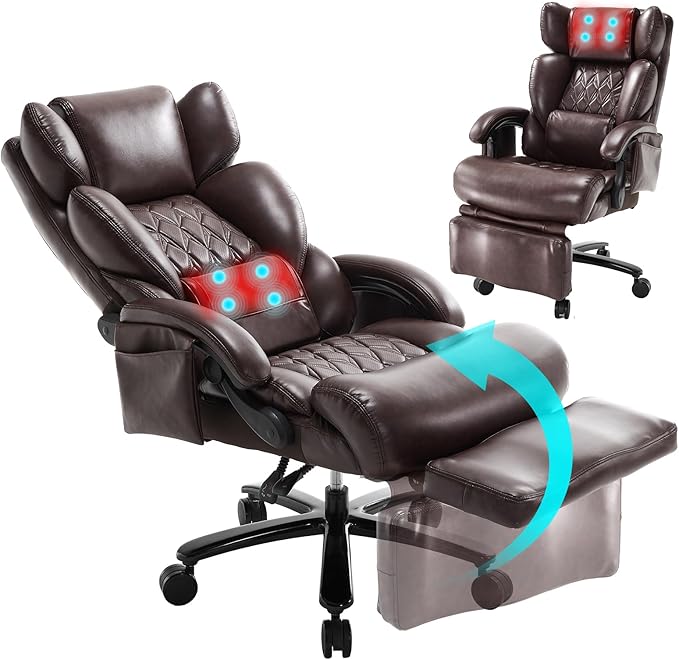 3-in-1 Massage Office Chair with Foot Rest 600LBS Big and Tall Office Chair with Massager and Heat for Heavy People, Reclining Executive Heavy Duty Office Chairs Brown