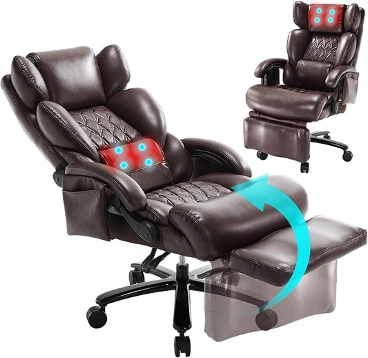 3-in-1 Massage Office Chair with Foot Rest 600LBS Big and Tall Office Chair with Massager and Heat for Heavy People, Reclining Executive Heavy Duty Office Chairs Brown