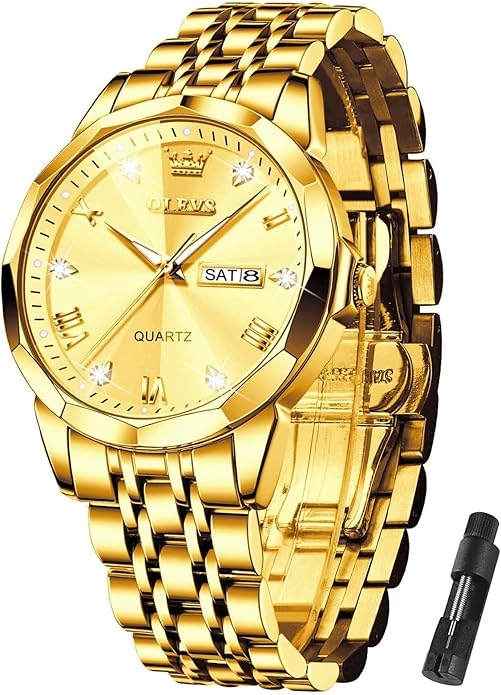 OLEVS Mens Watch Stainless Steel Analog Quartz Watches for Men Day Date Easy Read Diamond Waterproof Dress Luxury Classic Casual Big Face Blue/Black/Gold/Silver Roman Arabic Numerals Men's Wrist Watch