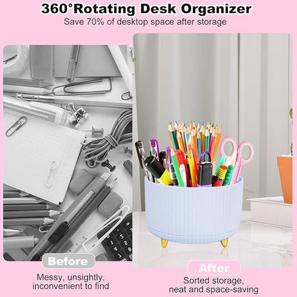 Desk Organizers and Accessories Set with 360-Degree Rotating Pen Holder, Tape Dispenser, Stapler, Staple Remover, 1000 Staples, Tape, Clips Set, Ruler, Scissor, Pen (Blue, 10 Pcs Set)