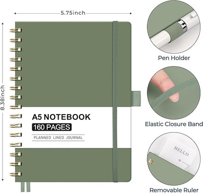 AHGXG Spiral Journal Notebook, 160 Lined Pages, A5 Medium Size (5.7'' x 8.3''), for Men & Women, Journaling, Writing, Work & Office, Hardcover, 100 GSM Thick Paper (Light Green)