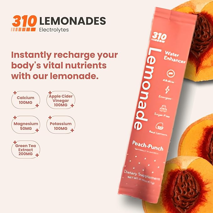 310 Nutrition Sugar-Free Lemonade Water Flavoring Packets - Peach Punch Hydration with Alkalizing Minerals - Low-Calorie Water Enhancer for Energy & Refreshment - 30 Singles - Made in The USA