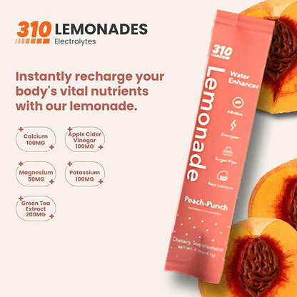 310 Nutrition Sugar-Free Lemonade Water Flavoring Packets - Peach Punch Hydration with Alkalizing Minerals - Low-Calorie Water Enhancer for Energy & Refreshment - 30 Singles - Made in The USA