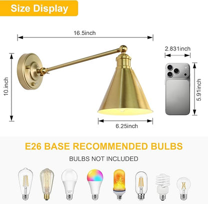 Industrial Vintage Slope Pole Wall Mount Single Sconce with Funnel Flared Metal Shade, Swing Arm Wall Sconce Light Lamp Fixture Hardwired