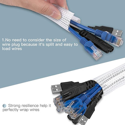 AGPTEK Cable Sleeve Cover, 10ft - 1.5 inch Desk Cord Organizer Cable Hider, Home Office Wire Management Computer TV Wire Loom Tubing, Pet Proof Cord Protector, from Cat Dog Chewing, White