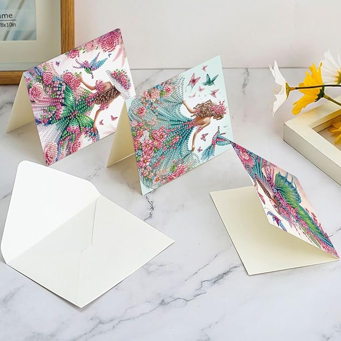 6pcs Diamond Painting Greeting Cards for Blessings and Wishes, - Madame Butterfly DIY Special Shape Crystal Diamond Art Partial, Surface flash Paper Material, DIY Gifts for Christmas Thanksgiving Day