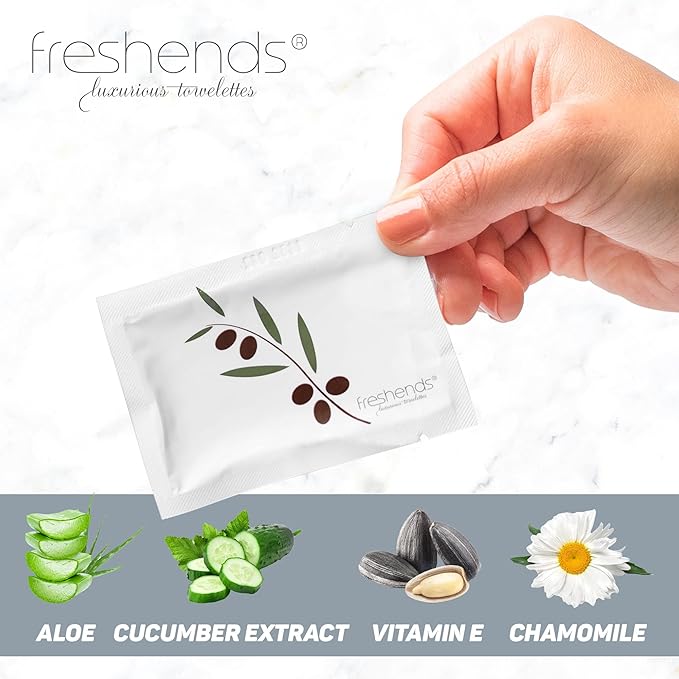Freshends Flushable Individually Wrapped Wipes – 300 Bulk Pack Luxurious Towelettes, Guest Bathroom Essentials for Weddings, Restaurants, Bars & Clubs – Olive, Travel-Size, Disposable