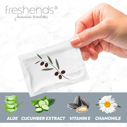 Freshends Flushable Individually Wrapped Wipes – 300 Bulk Pack Luxurious Towelettes, Guest Bathroom Essentials for Weddings, Restaurants, Bars & Clubs – Olive, Travel-Size, Disposable