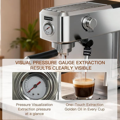 MEGAWISE Espresso Machine 20 Bar, Compact Stainless Steel Coffee Maker with Steam Milk Frother & Removable Tank for Cappuccino, Latte - Silver