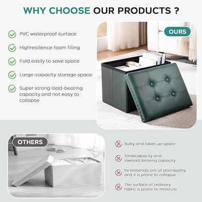 Folding Storage Ottoman, Small Faux Leather Foot Rest Stool with Rivet Design, 16 x 12 x12 Inches Ottoman with Storage Vanity Stool Coffee Table for Living Room, Bedroom, Load 242 lbs, Green