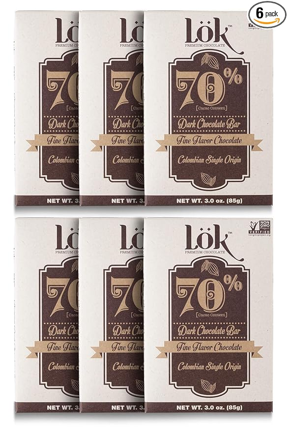 Lok Dark Chocolate Bar 70% Cacao | Fair Trade, Non GMO, Kosher, Gluten Free, Vegan, Bean-to-Bar, Paleo, Ethically Sourced Lök | 3.0 Ounce 6 Pack