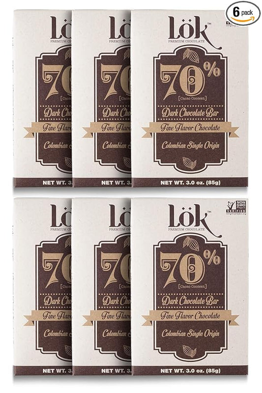 Lok Dark Chocolate Bar 70% Cacao | Fair Trade, Non GMO, Kosher, Gluten Free, Vegan, Bean-to-Bar, Paleo, Ethically Sourced Lök | 3.0 Ounce 6 Pack
