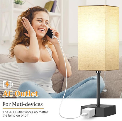 15'' Table Lamp for Bedroom set of 2,3-Color Bedside Lamps with Pull Chain Table Lamps for Night stands with AC Outlet,Small Night Light Lamps with 2 Bulbs Lamps for Living Room Kids Room Office Decor