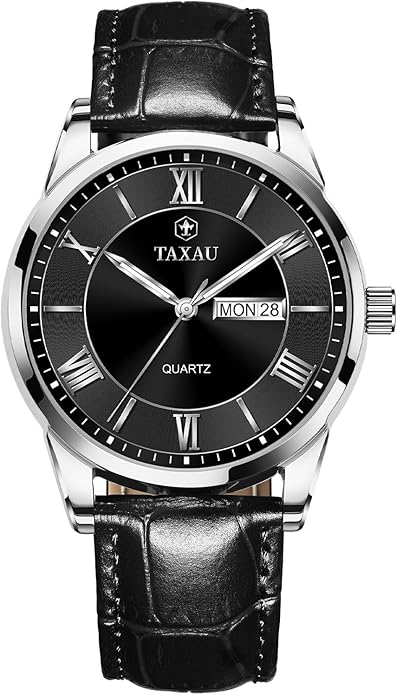 Men's Watch Big Face Easy Read Arabic Numeral Dress Watches for Men Classic Black Brown Leather Band Analog Mens Wrist Watch with Day and Date Fashion Business Waterproof Luminous Quartz Watch