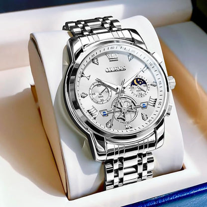 OLEVS Men Watches Stainless Steel Chronograph Watch, Large Wrist Analog Quartz Watch, Fashion Waterproof Diamond Roman Numerals Dress Watches for Men, Gold/Black/White/Blue/Grey Dial
