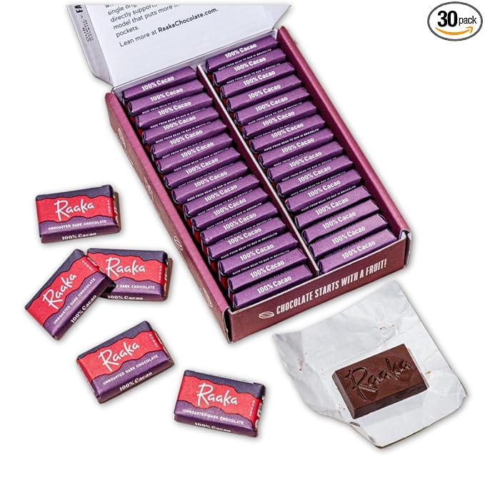 Raaka 100% Dark Chocolate Mini Bars | Unsweetened, Bitter, No Added Sugar or Artificial Sweeteners | Organic, Vegan, Gluten Free, Paleo, Kosher | Box of 30 Individually Wrapped Chocolates