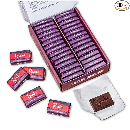 Raaka 100% Dark Chocolate Mini Bars | Unsweetened, Bitter, No Added Sugar or Artificial Sweeteners | Organic, Vegan, Gluten Free, Paleo, Kosher | Box of 30 Individually Wrapped Chocolates