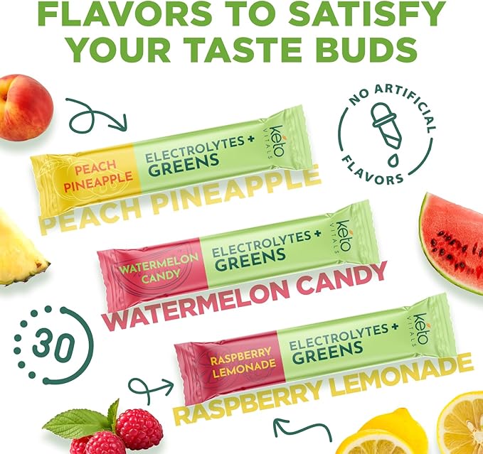 Keto Vitals Keto Electrolytes Plus Greens Superfood Powder Packets - 30 Servings Super Greens Powder Packets with Sugar Free Electrolytes for Hydration, Gut Health & Digestion - Green Drink Mix