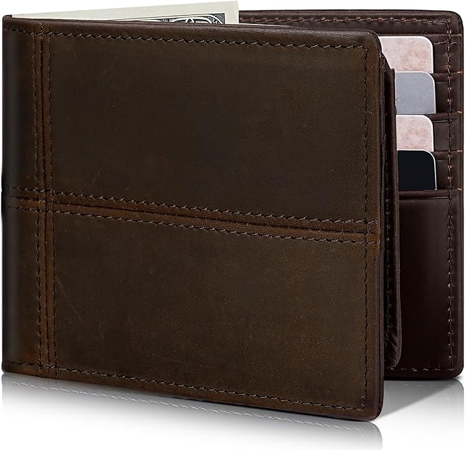 Mens Wallet Bifold Genuine Leather RFID Blocking Wallet for Men with 2 ID Windows 12 Card Holders 2 cash pockets 1 Gift Box