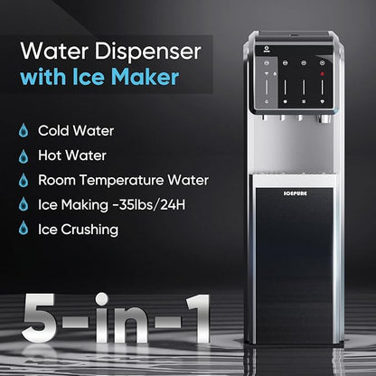 ICEPURE 5-in-1 Water Cooler with Ice Maker, Bottom Load for 5 Gallon Bottle, WIFI, Bullet and Crushed/Chewable Ice, 35lbs/24H, Hot and Cold Water, Water Dispenser Built-in Ice Machine, Stainless Steel