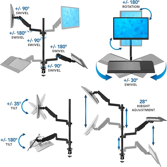 MOUNT-IT! Sit Stand Monitor Desk Mount [Fits 32" Screens] Height Adjustable, Full-Motion Articulating Arm with Keyboard Tray and Cable Management (Black)