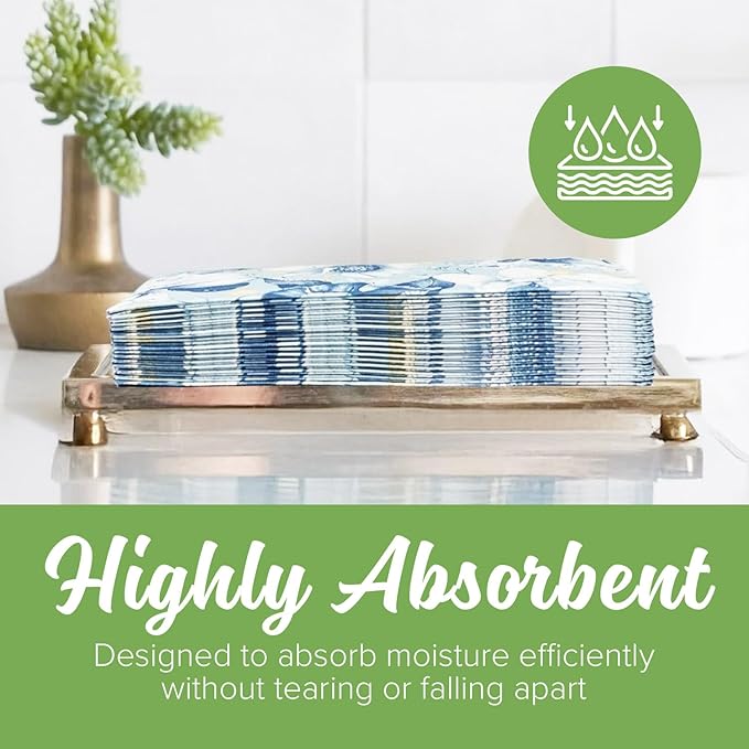 SimuLinen Blue Garden Floral Disposable Hand Towels for Bathroom, Single-Use Linen-Feel Guest Towels, Hand Tissue Paper, Cloth-Like Paper Napkins, Pack of 100