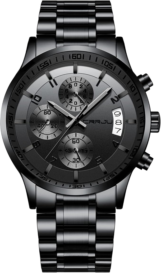 CRRJU Men's Fashion Stainless Steel Watches Date Waterproof Chronograph Wristwatches,Black Steel Band Waterproof Quartz Watch for Men
