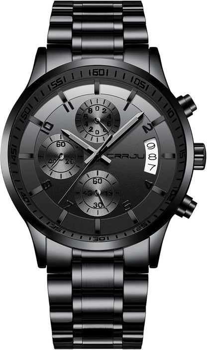 CRRJU Men's Fashion Stainless Steel Watches Date Waterproof Chronograph Wristwatches,Black Steel Band Waterproof Quartz Watch for Men
