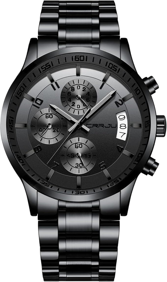 CRRJU Men's Fashion Stainless Steel Watches Date Waterproof Chronograph Wristwatches,Black Steel Band Waterproof Quartz Watch for Men