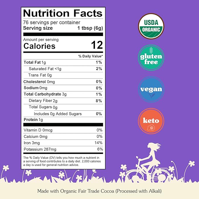NuNaturals Unsweetened Organic Fair Trade Cocoa Powder, Premium Dutch-Process For Drinking and Baking, 1 lb