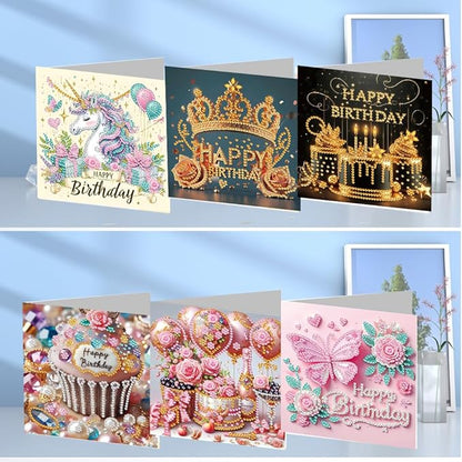 6PCS Diamond Art Painting Greeting Card Set, Birthday Pattern Cards with Envelopes,DIY Card Making Kits Thank You Card Arts Crafts for Birthday