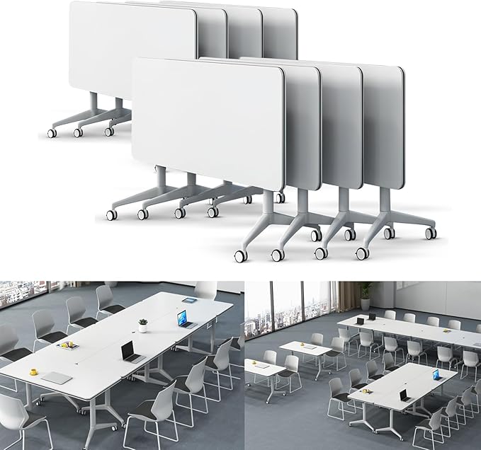 Folding Conference Table Modern Large Mobile Meeting Table Rolling Conference Room Tables with Wheels Seminar Tables for Office Training Classroom (8, White, 55" D X 23.6" W X 29.5" H)