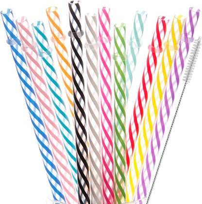 Dakoufish 12 Piece 8 Inch Reusable Plastic Thick Drinking Straws BPA Free Mason Jar Straws Transparent Small Stripe (8inch, Mix 12color)