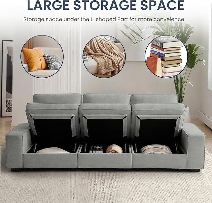 TEKAMON 73" Modular Sofa Couch with Seat Storage, Comfy 2-Seater Chenille Fabric Loveseat Sofa for Living Room, Office, Apartment W/Deep Seat, Wide Armrest, USB Charing Removable Cover(Light Grey)