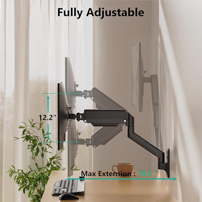 WALI Computer Monitor Wall Mount for 17 to 32 Inch Screens, Single Monitors Mount Holds up to 22lbs, Fully Adjustable Gas Spring Wall Mount Monitor Arm, 75x75/100x100mm VESA Mount (GSWM001), Black