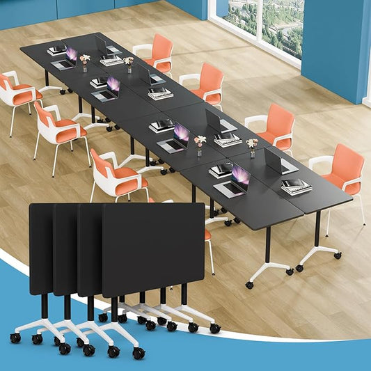 Conference Table Folding Conference Room Tables, Modern Mobile Meeting Training Table with Silent Wheels, Foldable Seminar Table for Offices, Classrooms, Libraries (4, Black, 55.1in)