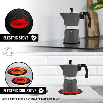 Zulay Classic Italian Style 6 Espresso Cup Moka Pot, Classic Stovetop Espresso Maker for Great Flavored Strong Espresso, Makes Delicious Coffee, Easy to Operate & Quick Cleanup Pot (Dark Gray)