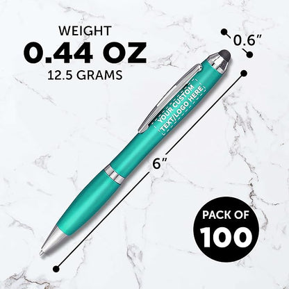 DISCOUNT PROMOS Custom Plastic Stylus Pens Set of 100, Personalized Bulk Pack - Black Ink, Great for Office, School, Business, Tradeshows, Events - Teal