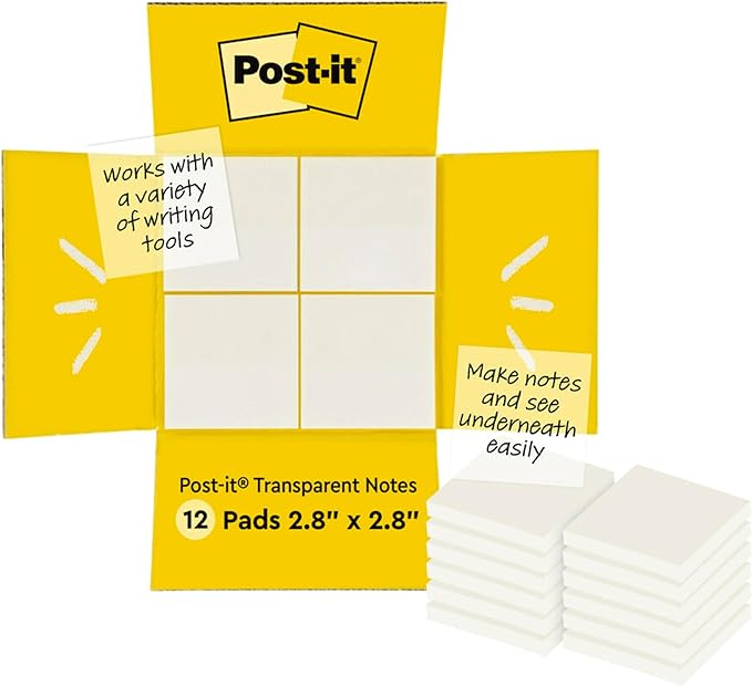 Post-it Transparent Sticky Notes, 3x3 in, 12 Pads/Pack, 36 Sheets/Pad, Sticks Securely and Removes Cleanly
