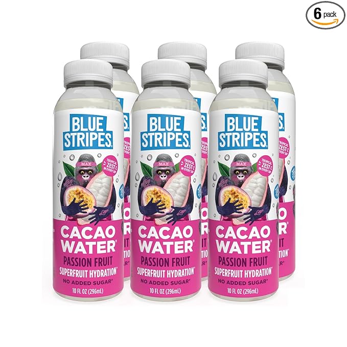Blue Stripes Cacao Water - Cold Pressed Superfruit Hydration with Electrolytes & Antioxidants, No Sugar Added, All Natural, Great for Protein Shakes & Smoothies - Passion Fruit, 6 Pack