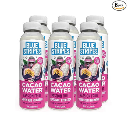 Blue Stripes Cacao Water - Cold Pressed Superfruit Hydration with Electrolytes & Antioxidants, No Sugar Added, All Natural, Great for Protein Shakes & Smoothies - Passion Fruit, 6 Pack
