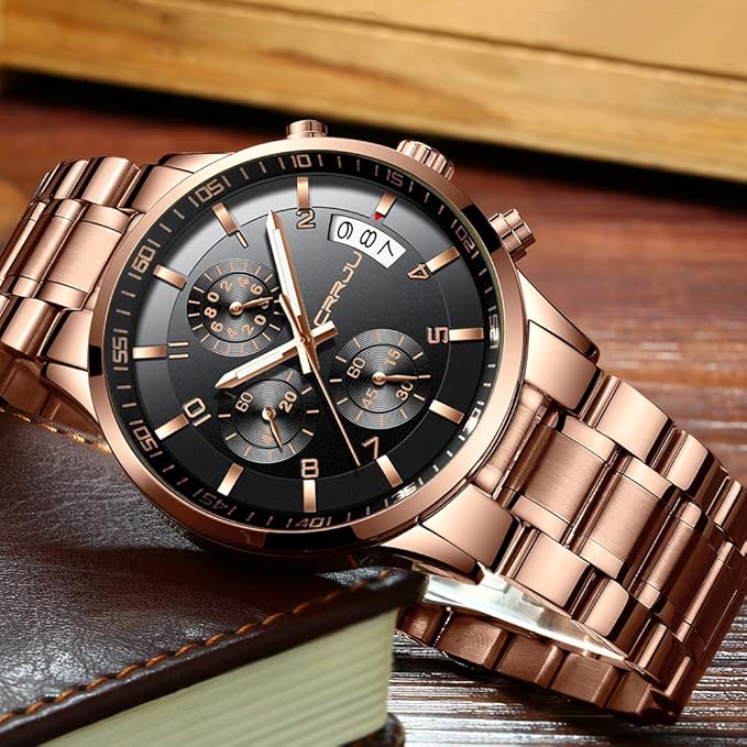 CRRJU Men's Fashion Stainless Steel Watches Date Waterproof Chronograph Wristwatches,Black Steel Band Waterproof Quartz Watch for Men