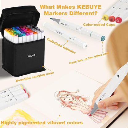 Alcohol Based Markers 48 Colors, Dual Tip Art Sketch Markers, Drawing Pens Permanent Markers for Adult Kids Artist Coloring