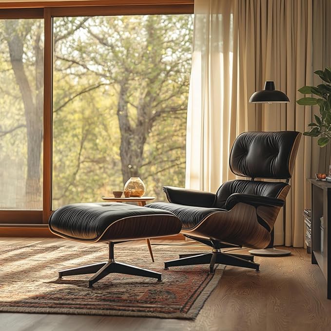 Mid Century Chaise Lounge Chair with Ottoman, Top Black Grain Leather, Modern Office Chair Classic Design, Heavy Duty Base Support for Living Room Study Lounge Office