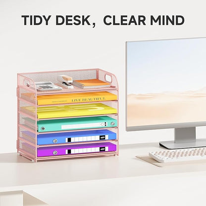 6 Tier Paper Organizer with Handle, Metal Desk Organizer Mesh Paper Letter Tray Desktop File Folder Document Sorter for Classroom, School, Office Accessories Organization and Storage - Pink