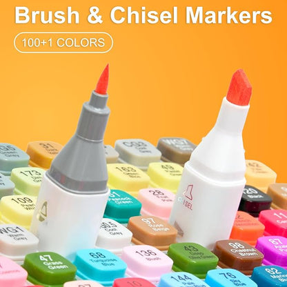AnyMark Alcohol Markers Brush Tip, 100+1 Colors Dual Tip Brush & Chisel Alcohol-Based Art Markers Set with Case for Adult Artists Drawing Coloring