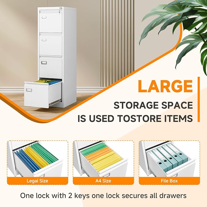 4 Drawer File Cabinet with Lock Metal Filling Cabinet Vertical Locking File Cabinets for Home Office to Hanging F4/A4 SizeA4 Legal/Letter Size, Assembly Required,White