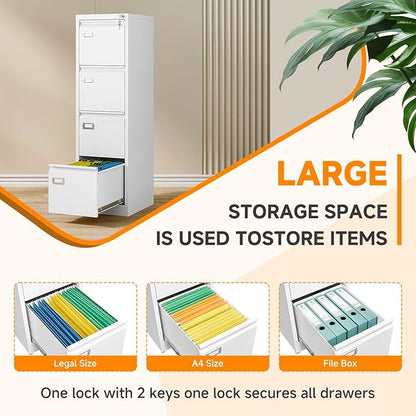 4 Drawer File Cabinet with Lock Metal Filling Cabinet Vertical Locking File Cabinets for Home Office to Hanging F4/A4 SizeA4 Legal/Letter Size, Assembly Required,White
